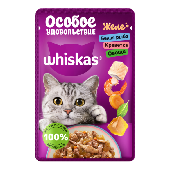 75гр Корм для кошек WHISKAS Особое удовольствие с Белой рыбой, креветками и овощами