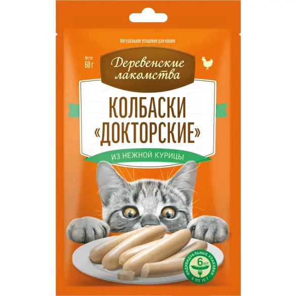 60гр Лакомство "Деревенские лакомства" для кошек, колбаски Докторские из нежной курицы