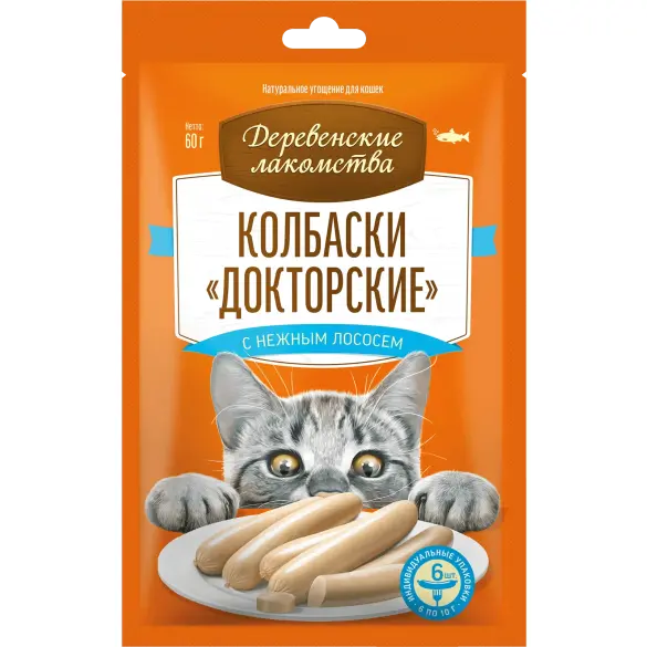 60гр Лакомство "Деревенские лакомства" для кошек, колбаски Докторские с нежным лососем