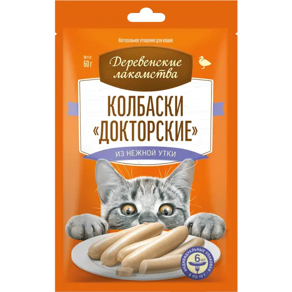 60гр Лакомство "Деревенские лакомства" для кошек, колбаски Докторские из нежной утки