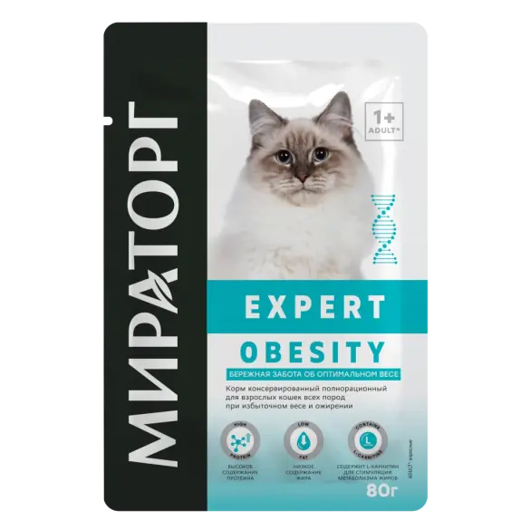 80гр Влажный корм Мираторг Expert Obesity полнорационный для взрослых кошек всех пород при избыточном весе и ожирении «Бережная забота об оптимальном весе» с Курицей и говядиной