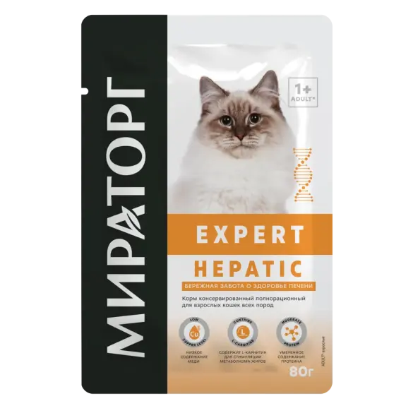 80гр Влажный корм Мираторг Expert Hepatic полнорационный для взрослых кошек всех пород «Бережная забота о здоровье печени» с Курицей и индейкой