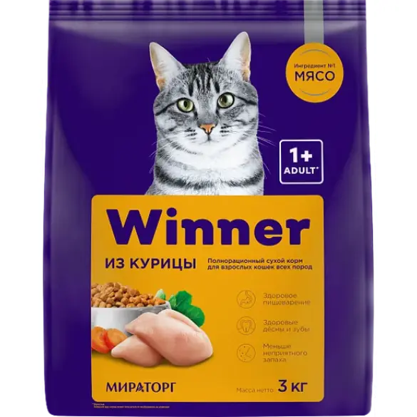 3кг Корм Мираторг Winner для взрослых кошек всех пород с Говядиной