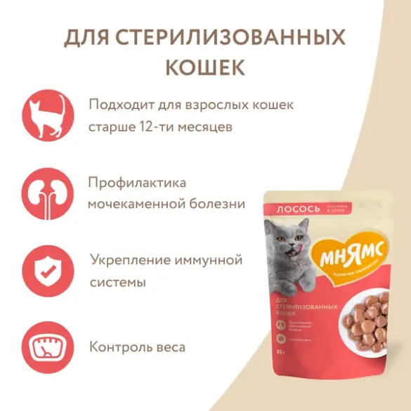 85гр Влажный корм Мнямс для взрослых стерилизованных кошек кусочки в соусе с Лососем