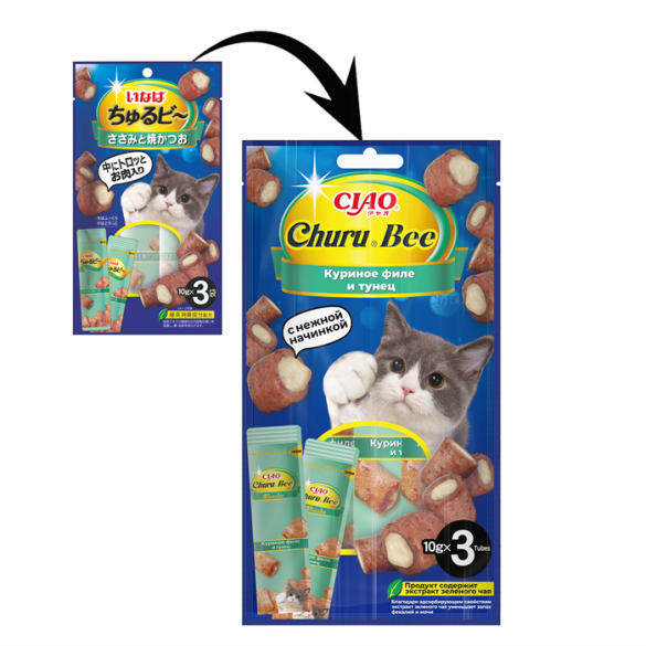 3*10гр Лакомство INABA Churu Bee для кошек запечённые трубочки с Куриным филе и тунцом Кацуо