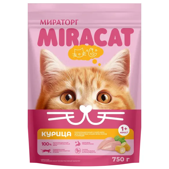 0,75кг Корм Мираторг Miracat для взрослых кошек всех пород с Курицей