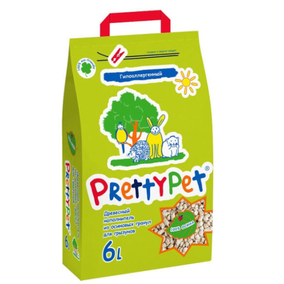 Наполнитель древесный PrettyCat для грызунов и птиц из осиновых гранул, 6л