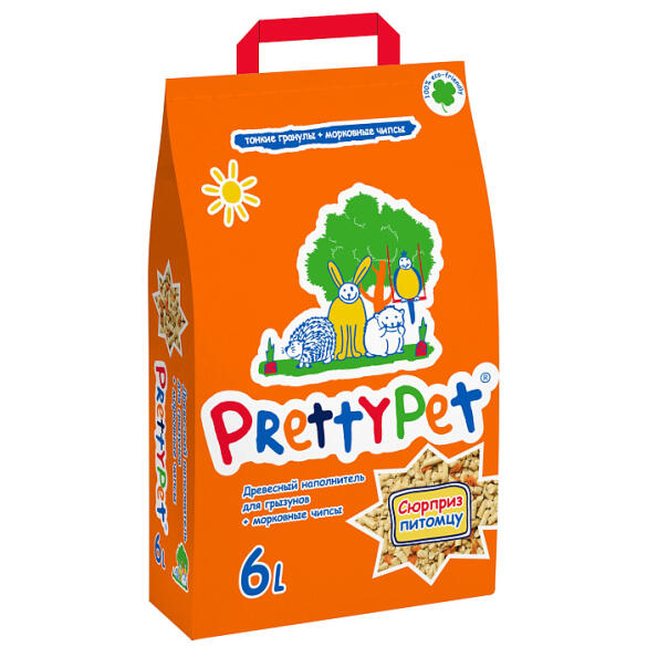 Наполнитель древесный PrettyCat для грызунов и птиц с морковными чипсами, 6л