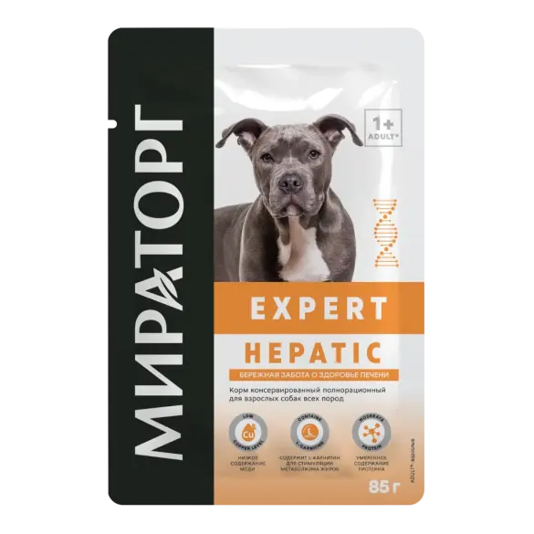 85гр Влажный корм Мираторг Expert Hepatic полнорационный для взрослых собак всех пород «Бережная забота о здоровье печени»