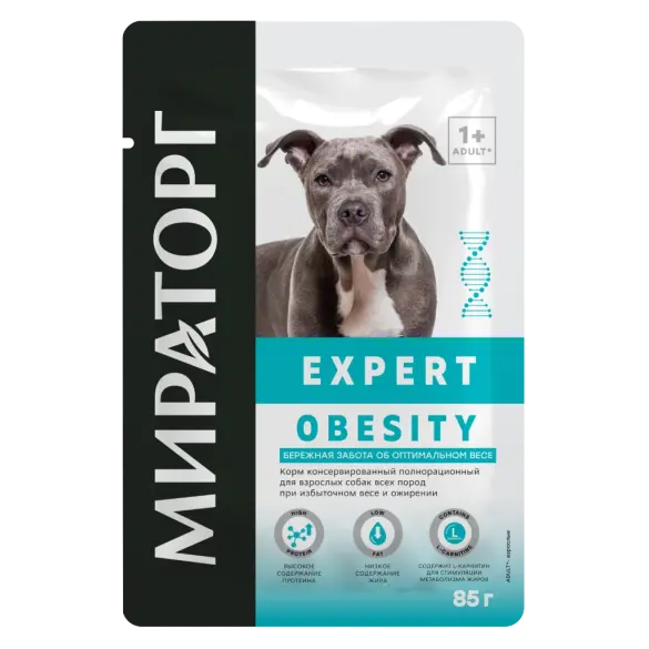 85гр Влажный корм Мираторг Expert Obesity полнорационный для взрослых собак всех пород «Бережная забота об оптимальном весе» с Курицей и говядиной