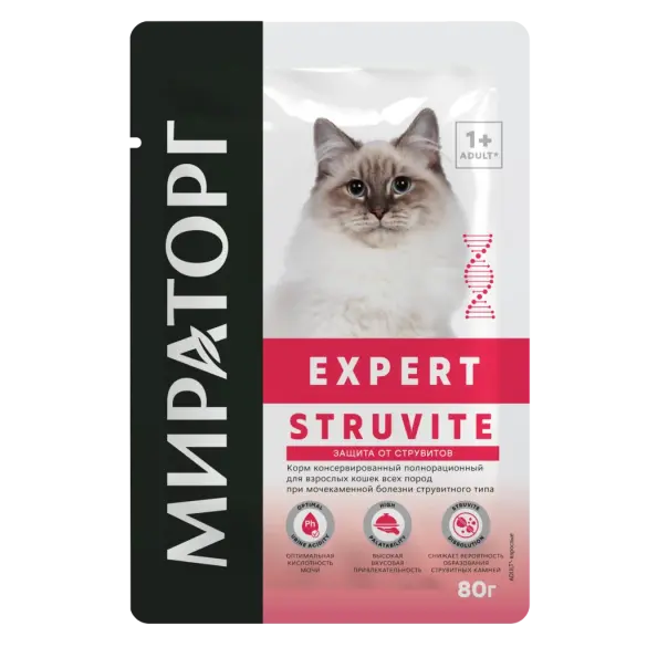 80гр Влажный корм Мираторг Expert Struvite полнорационный для взрослых кошек всех пород при мочекаменной болезни струвитного типа с Курицей