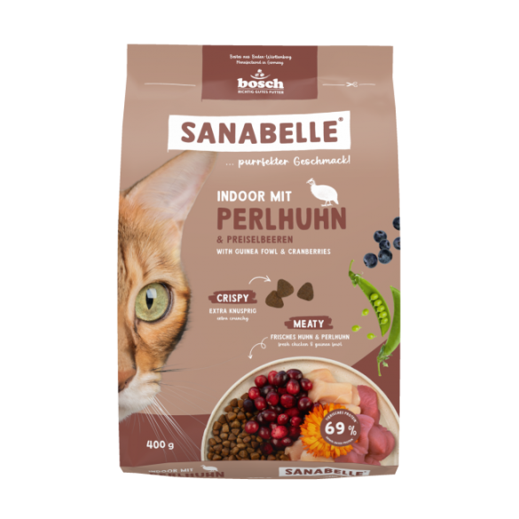 0,4кг Корм Bosch Sanabelle Indoor mit Perlhuhn & Preiselbeeren для взрослых домашних кошек с Цесаркой