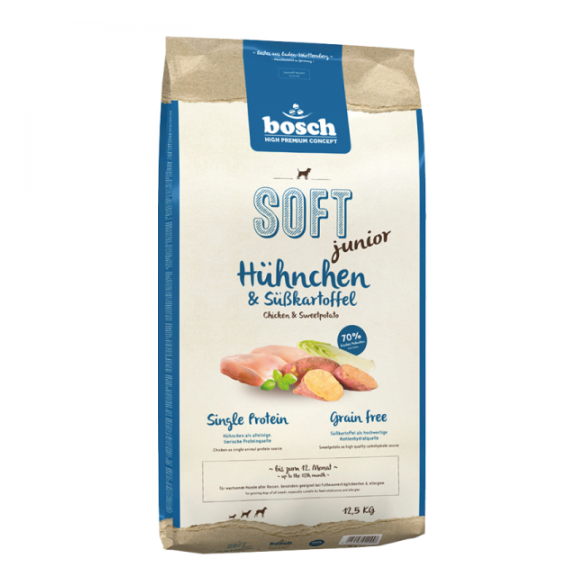 12,5кг Корм Bosch SOFT Holistic Junior полувлажный, монопротеиновый, беззерновой для щенков всех пород с Цыпленком и бататом