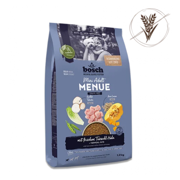 1кг Корм Bosch HPC MENUE Mini Adult беззерновой для взрослых собак мелких пород с Курицей