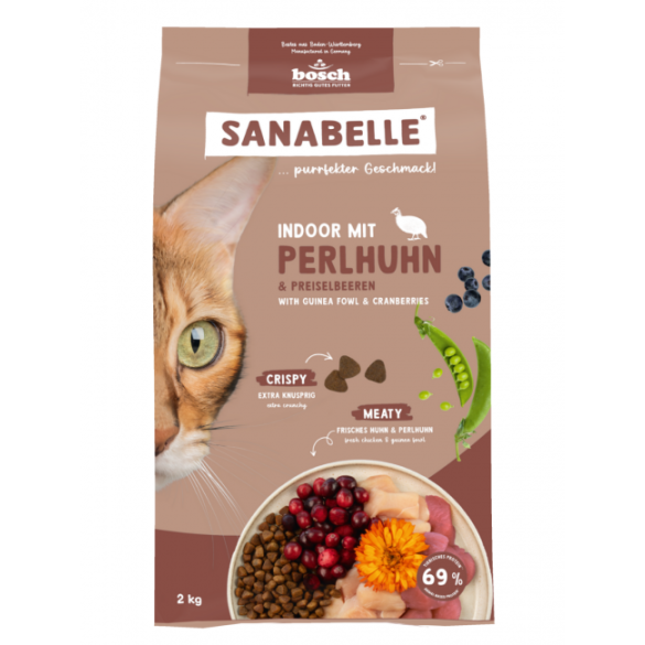 2кг Корм Bosch Sanabelle Indoor mit Perlhuhn & Preiselbeeren для взрослых домашних кошек с Цесаркой