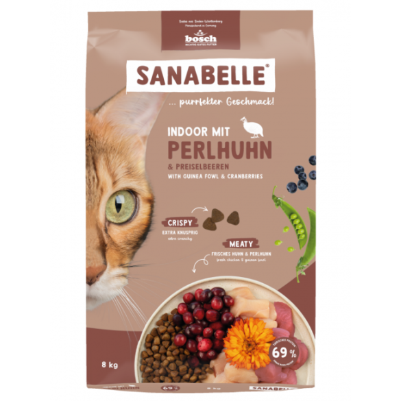 8кг Корм Bosch Sanabelle Indoor mit Perlhuhn & Preiselbeeren для взрослых домашних кошек с Цесаркой