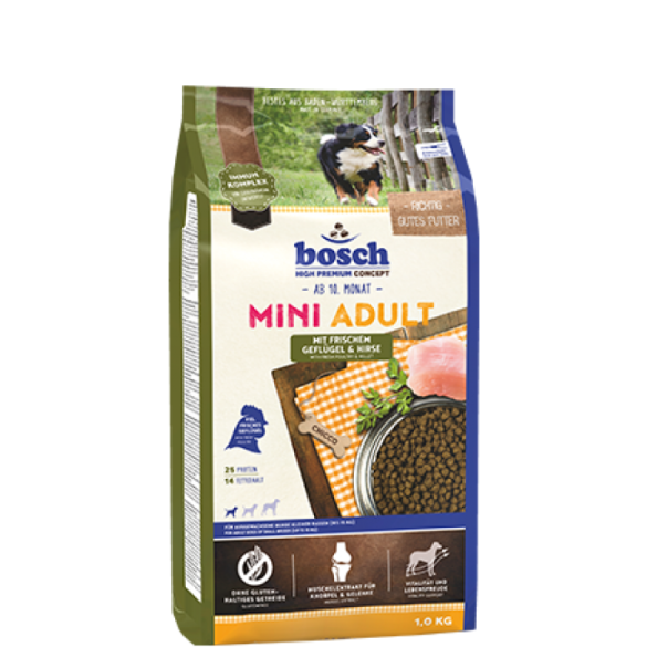 1кг Корм Bosch Mini Adult для взрослых собак мелких пород с Птицей и просо