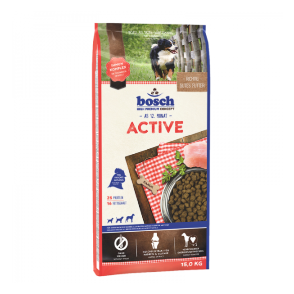 15кг Корм Bosch Active для взрослых собак всех пород с высокой активностью с Птицей