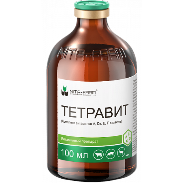 Тетравит Nita-Farm комплексное средство для лечения и профилактики недостаточности витаминов А, Е, D3 и F в организме животных, 100мл