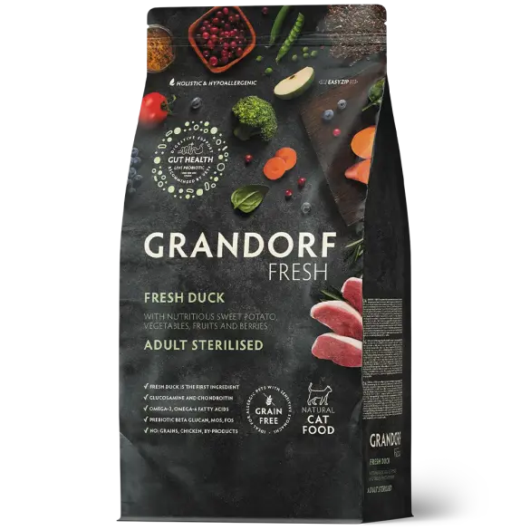 0,4кг Корм GRANDORF CAT Fresh Duck&Sweet Potato ADULT STERILISED для взрослых стерилизованных кошек с Уткой и бататом