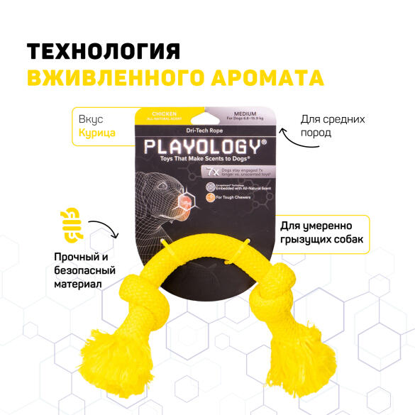Игрушка Playology DRI-TECH ROPE жевательный канат для собак с ароматом курицы, средний, Желтый