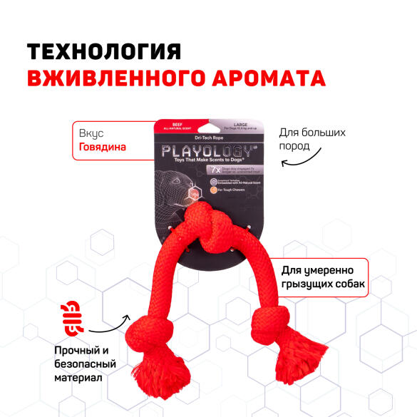 Игрушка Playology DRI-TECH ROPE жевательный канта для собак с ароматом говядины, средний, Красный