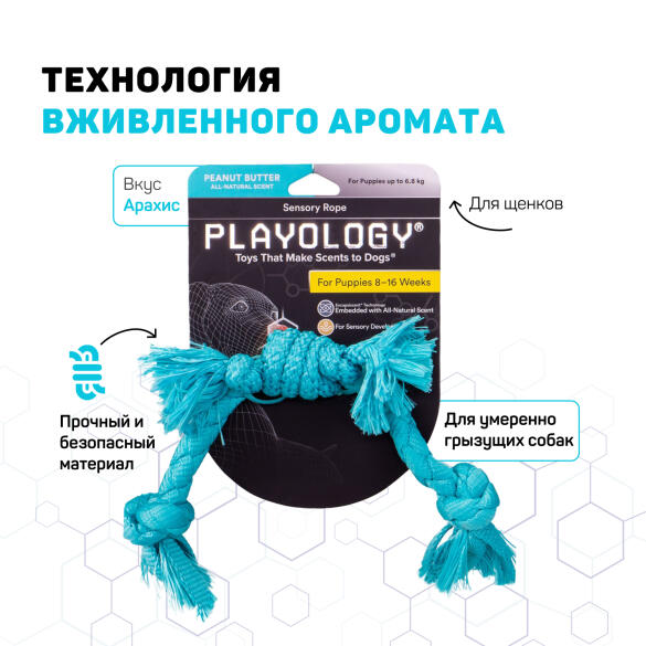 Игрушка Playology PUPPY SENSORY ROPE сенсорный канат для щенков мелких и средних пород с ароматом арахиса, Голубой
