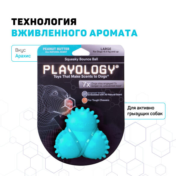 Игрушка Playology SQUEAKY BOUNCE BALL дентальный жевательный тройной мяч для щенков 4-8 месяцев с ароматом арахиса, Голубой