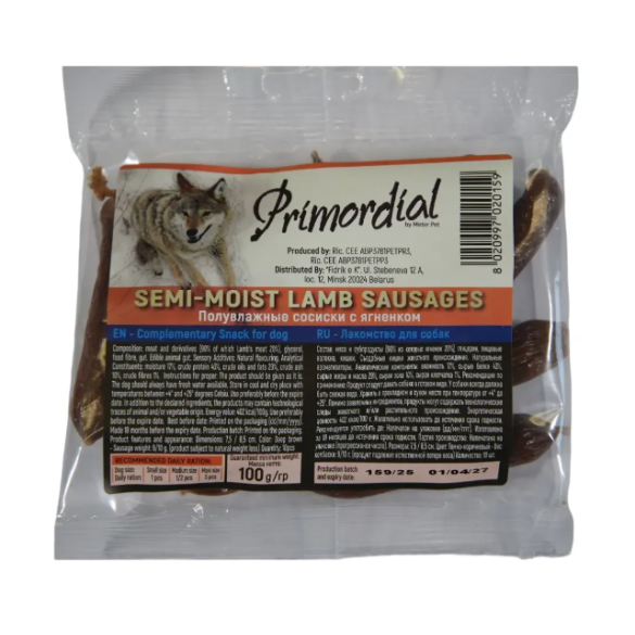 114гр Лакомство Primordial для собак полувлажные Сосиски с Ягнёнком