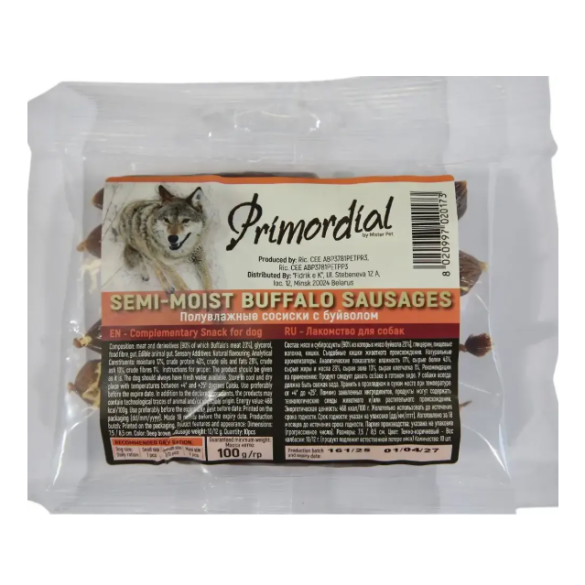 114гр Лакомство Primordial для собак полувлажные Сосиски с Буйволом