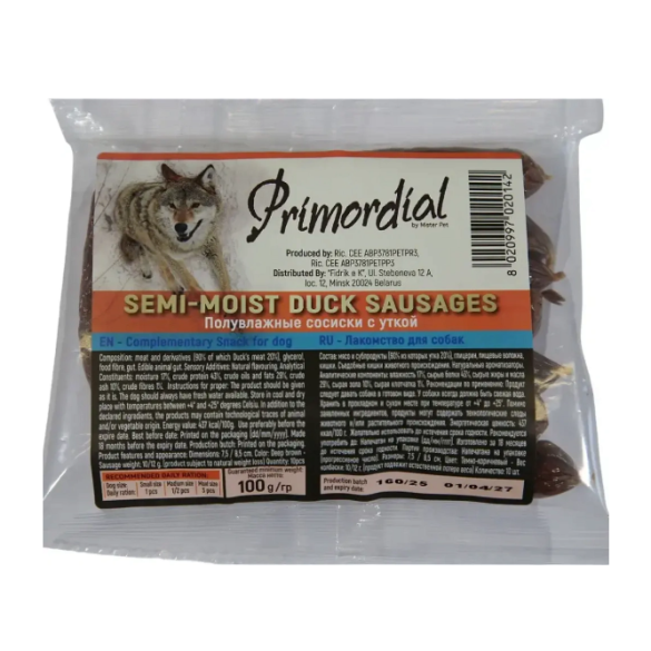 114гр Лакомство Primordial для собак полувлажные Сосиски с Уткой
