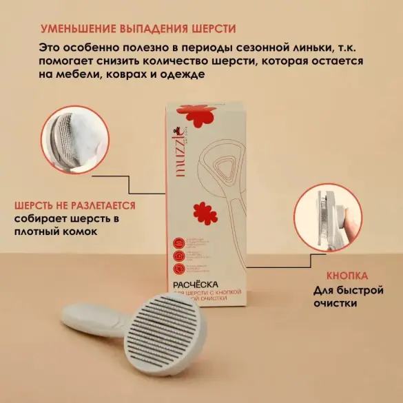 Расческа для шерсти животных Muzzle с кнопкой быстрой очистки