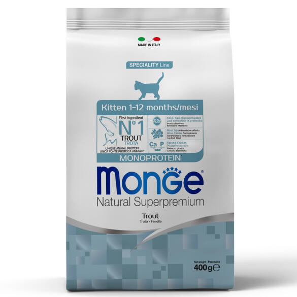1+1 0,4кг Корм Monge Cat Natural Superpremium Kitten Monoprotein для котят с Форелью