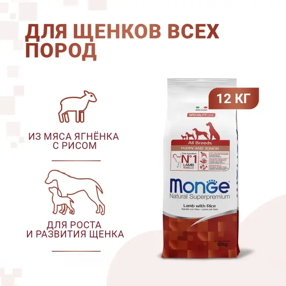 Корм в развес Monge Dog Monoprotein Mini Puppy&Junior для щенков мелких пород с Ягнёнком и рисом, 1кг