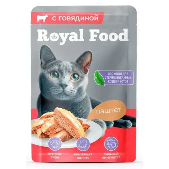 75г Влажный корм Royal Food для взрослых кошек с Говядиной, паштет