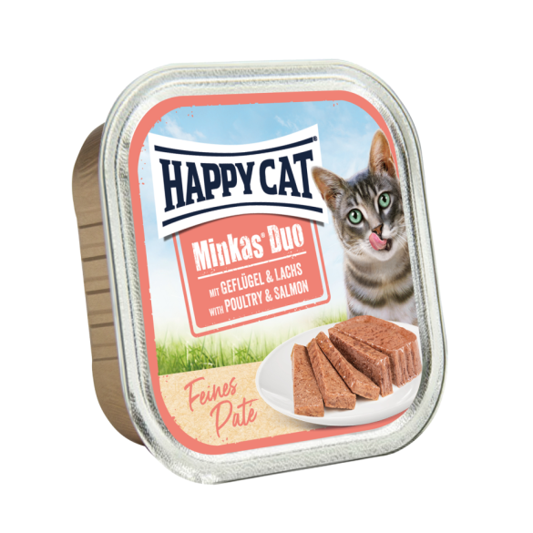 100гр Консервы Happy Cat Minkas DUO беззерновые для взрослых кошек, паштет с Птицей и лососем