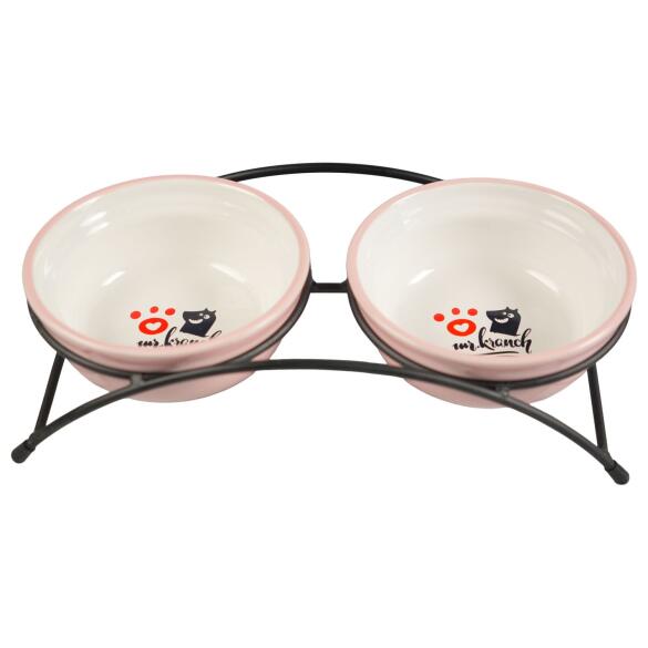 Миска Mr.Kranch на подставке для собак и кошек двойные 2*290мл с лапкой, розовые