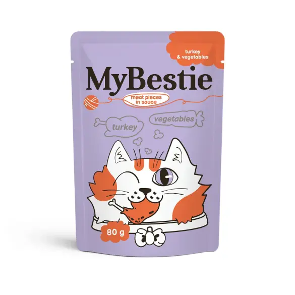 80г Влажный корм MyBestie "Мясные кусочки" для кошек Индейка с Овощами в соусе