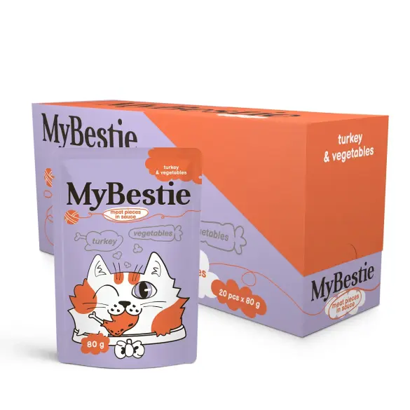 80г Влажный корм MyBestie "Мясные кусочки" для кошек Индейка с Овощами в соусе