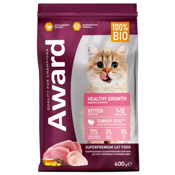 1+1 0,4кг Корм Award Healthy growth для котят от 1 месяца, беременных и кормящих кошек с Индейкой и Курицей с добавлением рыбьего жира и семян льна