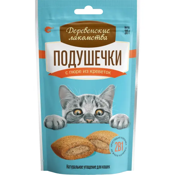 30г Лакомство "Деревенские лакомства" для кошек подушечки с пюре из Креветок