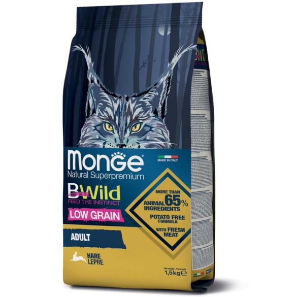 1,5кг Корм Monge Cat Bwild Low Grain Adult Hare низкозерновой для взрослых кошек с мясом Зайца