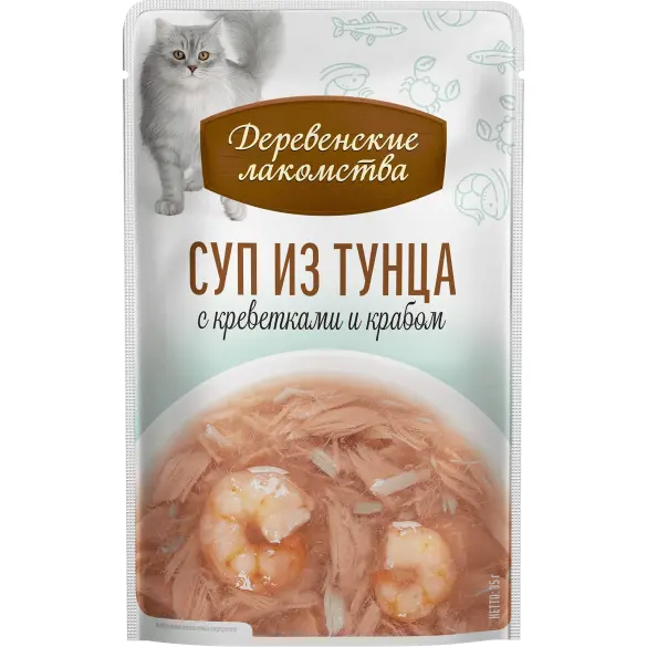 4*35г Лакомство "Деревенские лакомства" для кошек суп из Тунца с Креветками и Крабом