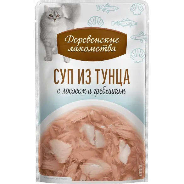 4*35г Лакомство "Деревенские лакомства" для кошек суп из Тунца с Лососем и Гребешком