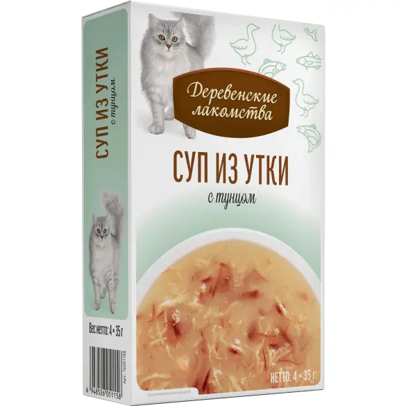 4*35г Лакомство "Деревенские лакомства" для кошек суп из Утки с Тунцом