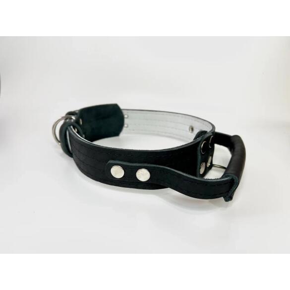 Ошейник LOORI кожаный двойной с ручкой 2 кольца Чёрный