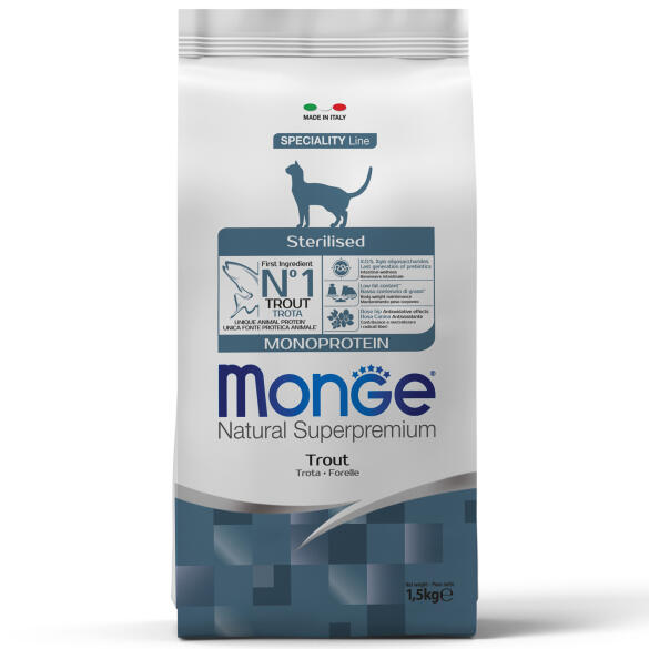 1,5кг Корм Monge Cat Monoprotein Sterilized Trout для стерилизованных кошек с Форелью