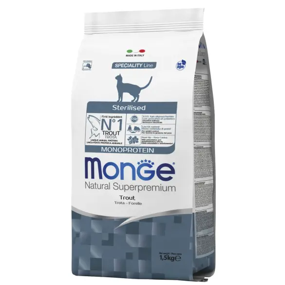 1,5кг Корм Monge Cat Monoprotein Sterilized Trout для стерилизованных кошек с Форелью