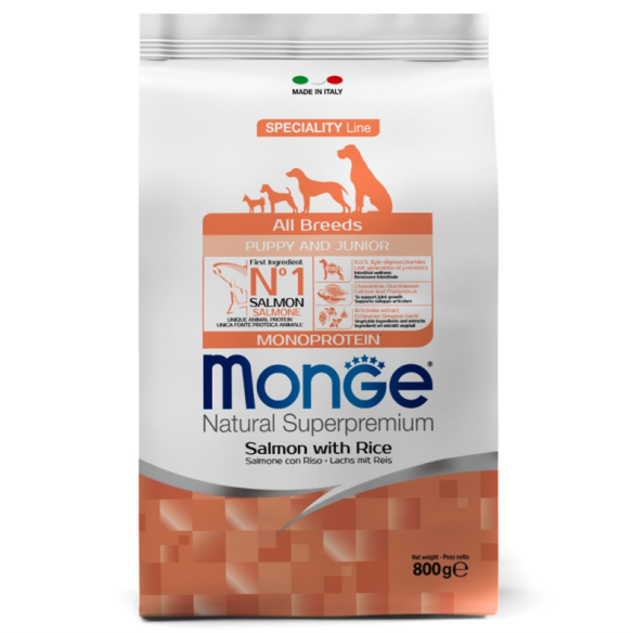 0,8кг Корм Monge Puppy&Junior SP Monoprotein Salmon/Rice для щенков всех пород с Лососем и рисом