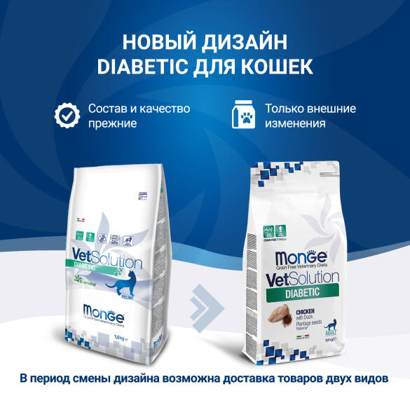 1,5кг Корм Monge Vetsolution Cat Diabetic Ветеринарная диета для кошек с сахарным диабетом